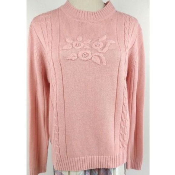 Vintage Sweaters - Vintage 90s Pale Pink Sweater Knit Roses Beads M
